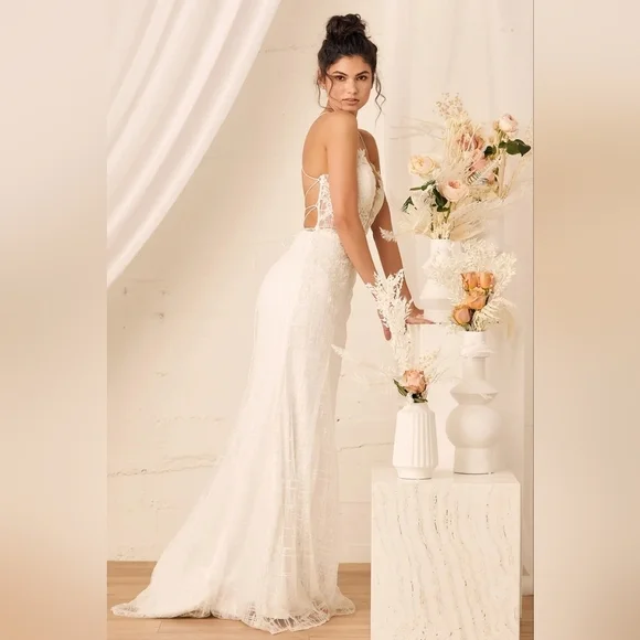 Lulus Luxe Bridal Wonderstruck Glitter Lace-Up Embroidered Lace Maxi Dress  Bride